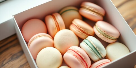 Fototapeta premium Pastel-colored macarons in a gift box, a delightful assortment of sweet treats