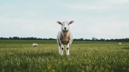Obraz premium A lone sheep stands in a lush green field under a clear sky, with other sheep grazing in the background