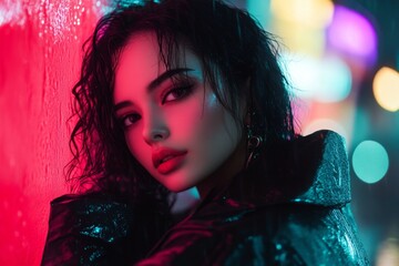 A cyberpunk character leaning against a glowing neon wall, exhaling deeply with a relieved smile after narrowly escaping a high-tech chase, with rain and neon reflections surrounding them