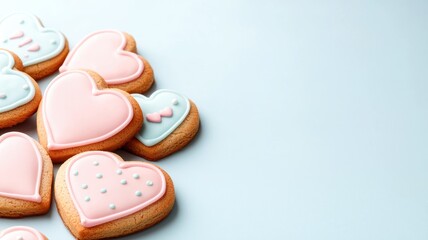 Colorful heart-shaped cookies with pastel icing, arranged playfully against a light blue background.
