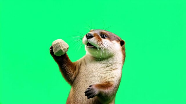 Playful otter holding rock, green screen background