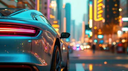 A sleek silver sports car parked in a vibrant city at night, illuminated by colorful lights and surrounded by tall buildings.