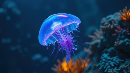 Fototapeta premium A bioluminescent jellyfish gracefully glides through the deep ocean, its tentacles trailing in the current near vibrant coral