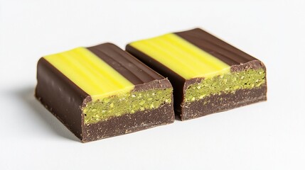 A beautiful chocolate bar with pistachios and yellow stripes, cut into two pieces on the table, stock photo, white background, high-resolution photography.