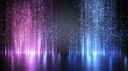 Vibrant neon lights reflecting on water with sparkling particles in pink and blue