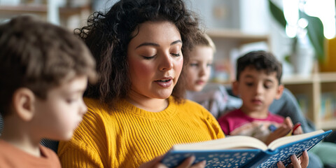 Fototapeta premium Woman Reading Book to Children in Indoor Setting