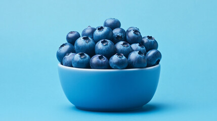 Fresh blueberries in a blue bowl against a vibrant blue background.