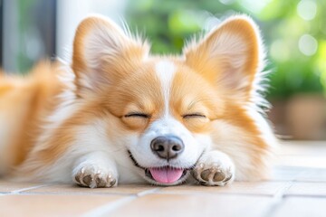 Obraz premium A dog lying flat on a tiled floor, its tongue out and eyes half-closed, perfectly capturing tiredness after play