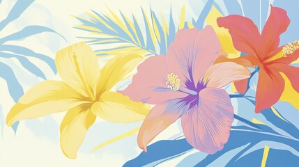 Colorful tropical flowers with vibrant yellow and pink hibiscus against blue leaves
