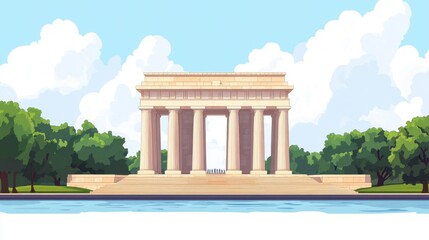Obraz premium Impressive digital illustration of classic architectural monument with pillars beside a serene water body