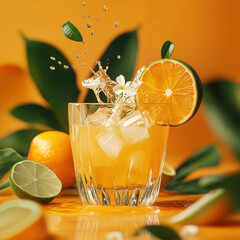 Citrus Burst: Refreshing orange juice drink with ice cubes, garnished with orange slices and lime wedges,  creating a vibrant and tempting image. Water droplets splash adding dynamic energy.