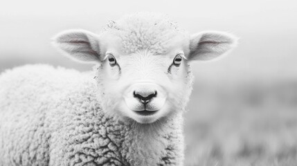 Obraz premium Adorable young lamb gazing curiously in a serene, foggy pasture with soft grass