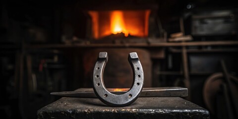 Black forged horseshoe on an anvil in a blacksmith workshop with glowing forge in background