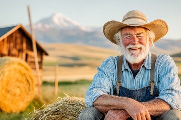 A farmer sitting on a bale of hay, wiping their brow and smiling faintly, their overalls dusty from a hard day work