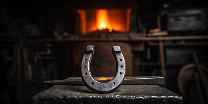 Black forged horseshoe on an anvil in a blacksmith workshop with glowing forge in background