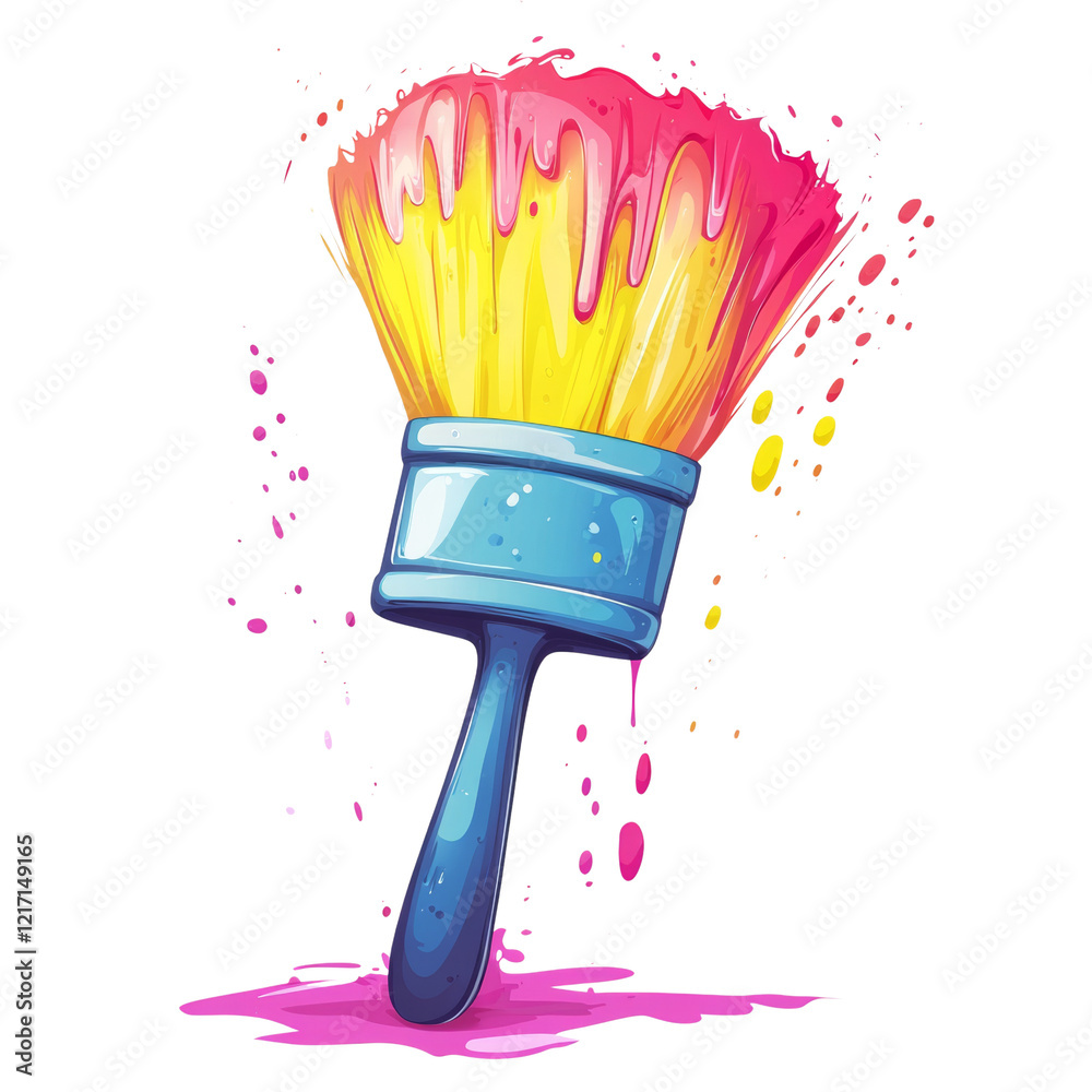 Poster a vibrant illustration of a paintbrush with pink and yellow paint splashing dynamically around it.