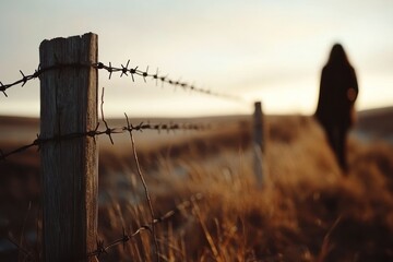 Fototapeta premium Serene Evening Walk Along a Rustic Barbed Wire Fence with Blurred Silhouette of a Person in the Distance Against a Beautiful Sunset Background