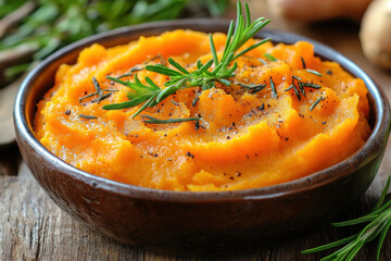 Sweet potato or pumpkin puree in bowl on kitchen table. Generated AI	