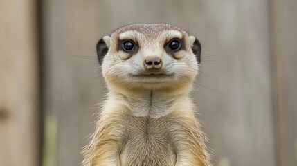 Fototapeta premium Close-up of a curious meerkat standing upright in a natural habitat, with blurred background elements