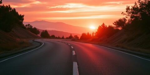 Naklejka premium Serene Sunset Drive on Winding Asphalt Road Through Mountain Landscape