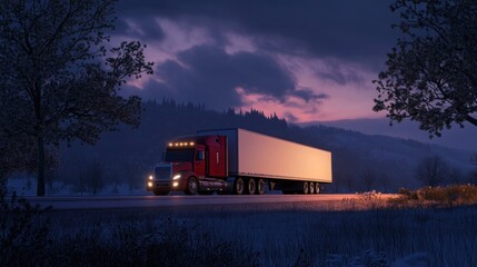 Truck driving at dusk, snowy landscape, winter transport