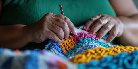 Hands Crocheting Multicolored Granny Square Blanket