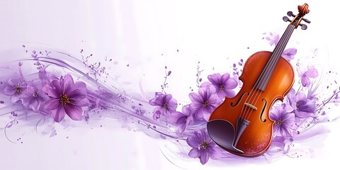 Violin with purple floral wave background for music themes © Suyono