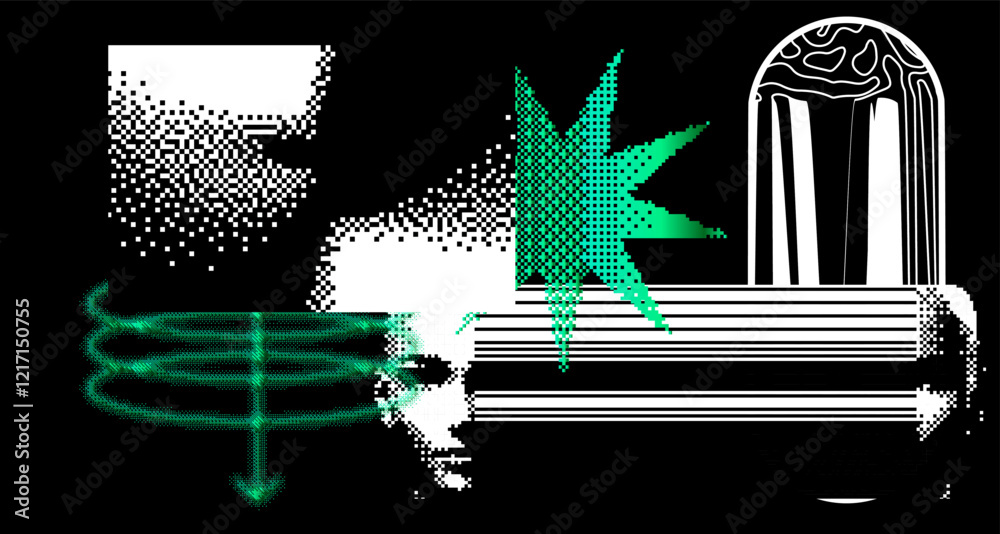 Aufkleber Geometric distress aesthetics in abstract pattern design. Brutalism inspired vector graphics collage made with simple geometric shapes and grunge texture, useful for poster art and digital prints.