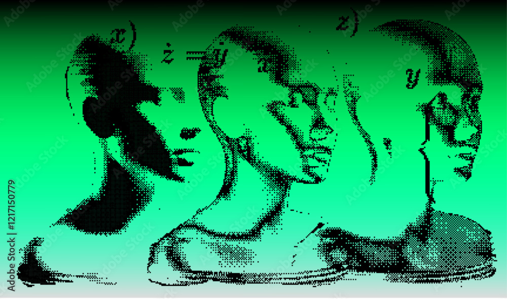Poster glitched and decomposted pixelated human face on a green background. futuristic neo-brutalist vector