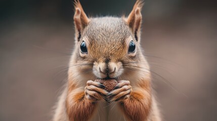 Obraz premium Close-up of a squirrel holding a nut, set against a blurred natural background, showcasing wildlife