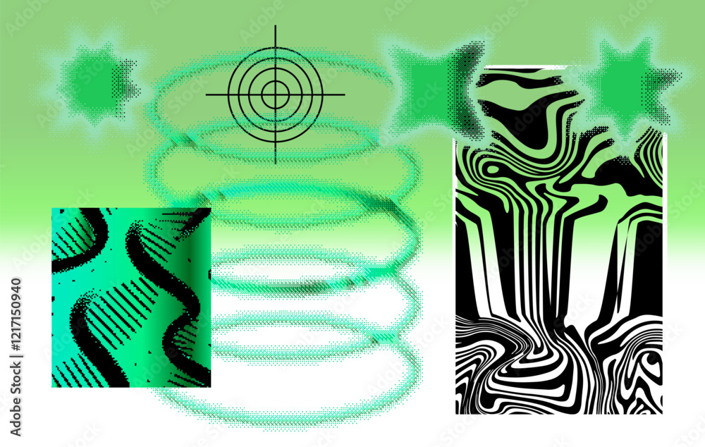 Poster Geometric distress aesthetics in abstract pattern design. Brutalism inspired vector graphics collage made with simple geometric shapes and grunge texture, useful for poster art and digital prints.