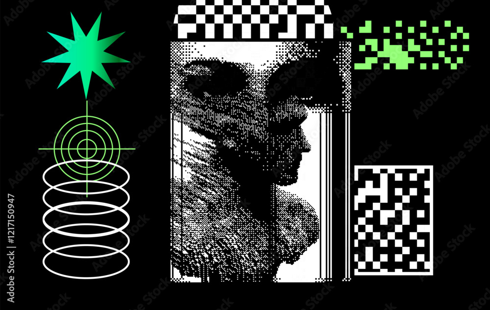 Aufkleber Geometric distress aesthetics in abstract pattern design. Brutalism inspired vector graphics collage made with simple geometric shapes and grunge texture, useful for poster art and digital prints.