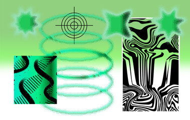 Geometric distress aesthetics in abstract pattern design. Brutalism inspired vector graphics collage made with simple geometric shapes and grunge texture, useful for poster art and digital prints.