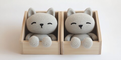 A cute and adorable pair of amigurumi cats in a light grey color, sitting inside a wooden box