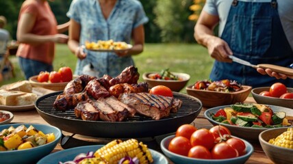 Obraz premium Savoring the Delight of Grilled Feast: A Vibrant BBQ spread Featuring Succulent Meats, Colorful Vegetables, and a Perfect Summer