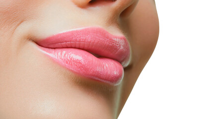 Obraz premium Close-Up Portrait of Feminine Beauty with Glossy Pink Lips and Natural Makeup