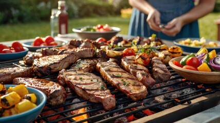 Savoring the Delight of Grilled Feast: A Vibrant BBQ spread Featuring Succulent Meats, Colorful Vegetables, and a Perfect Summer