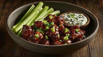 Delicious BBQ Chicken Wings with Celery and Creamy Dip