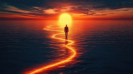 Silhouette of a person standing on the water facing a large, setting sun with a glowing path of light on the water's surface during a dramatic sunset. Solitude, nature, and sunset concept.