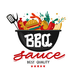 BBQ Sauce. Bold text in the silhouette of the grill bowl. Grill filled with ingredients for barbecue food weekend. Logo, label, sticker isolated background. Vector file