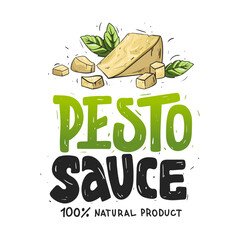Pesto Sauce. Hand drawn bold text for label, logo. Illustration parmesan cheese and basil. Grunge style. Vector file