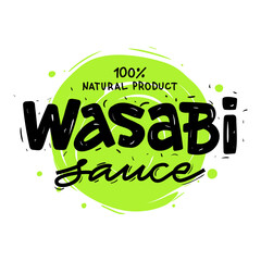 Wasabi Sauce. Logo with bold text. Green circular splash background and dots. Badge, illustration for label. Vector file