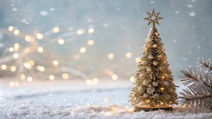 Glittering bokeh Christmas tree with sparkling snowflakes and shimmering lights, wintry ambiance, shimmering patterns