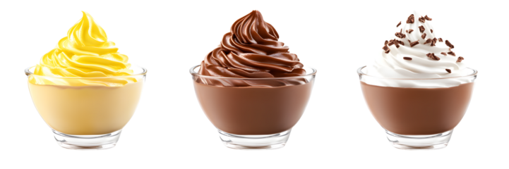 Three creamy delights: Vanilla, chocolate, and chocolate with shavings!