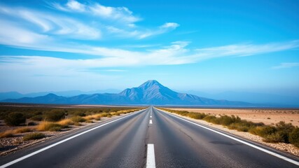 Fototapeta premium Asphalt road disappearing into the distance under a vibrant blue sky, leading towards a majestic mountain range