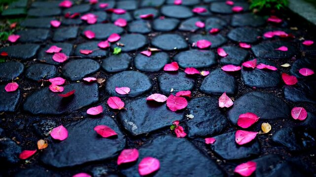 Pink Petals on Dark, Wet Cobblestone Pavement
