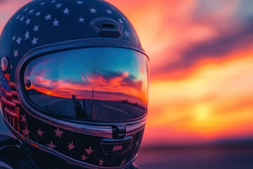 Fototapeta premium Captivating Reflection of a Sunset in a Star-Spangled Motorcycle Helmet for Adventurous Spirits and Passionate Riders Who Embrace Freedom on the Open Road
