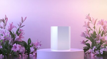 White cylindrical object placed on a circular pedestal, flanked by lush pink flowers against a soft, gradient pink - purple background. Product display and floral aesthetic concept.