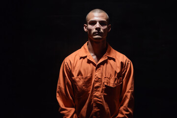 Prisoner on black background. Portrait of offender in jail. Generated AI