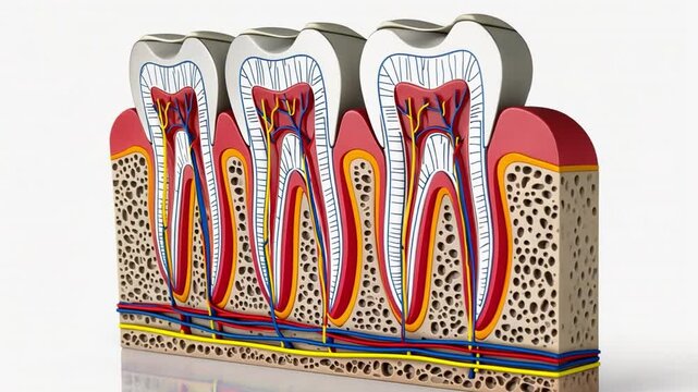 Dental Anatomy: Cross-section of teeth, gums, and supporting structures. Detailed illustration of molar teeth anatomy, showing enamel, dentin, pulp, cementum, periodontal ligament, and alveolar bone.